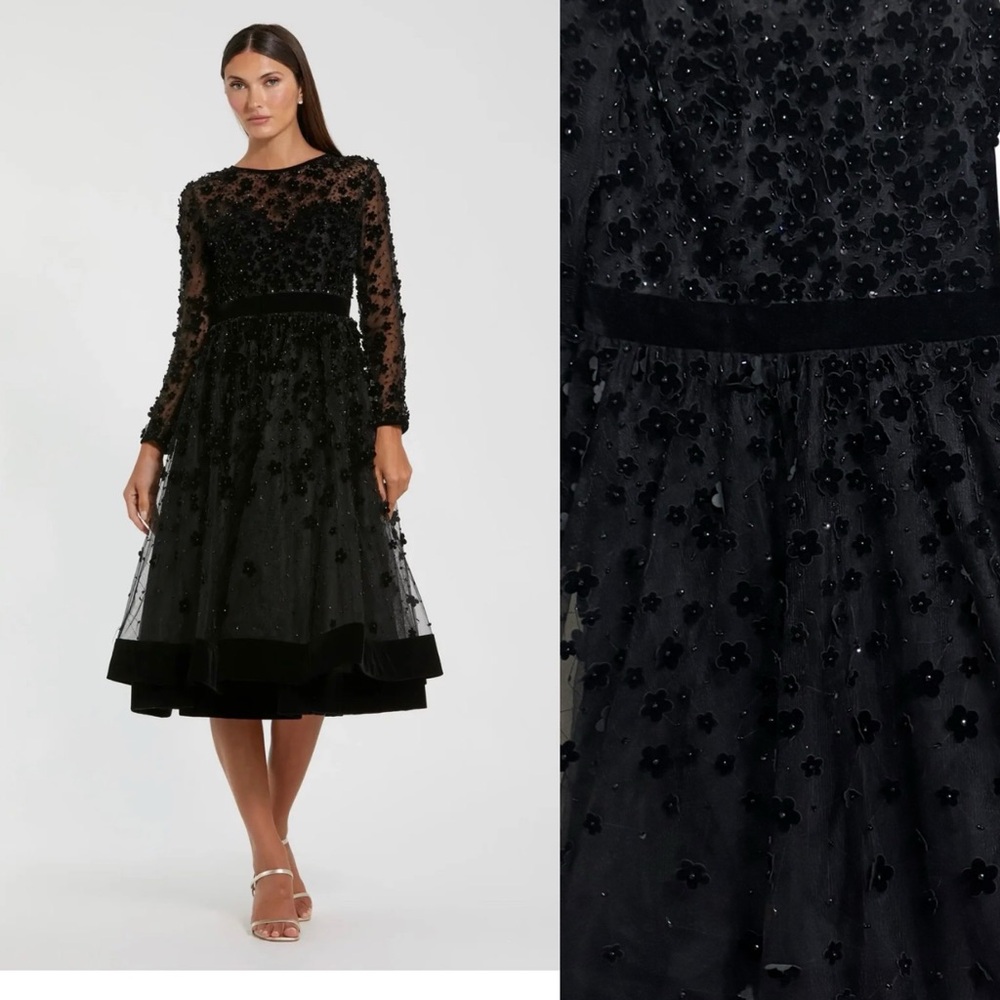 NEW MAC DUGGAL Black Velvet Embellished Illusion Long Sleeve ALine Midi Dress